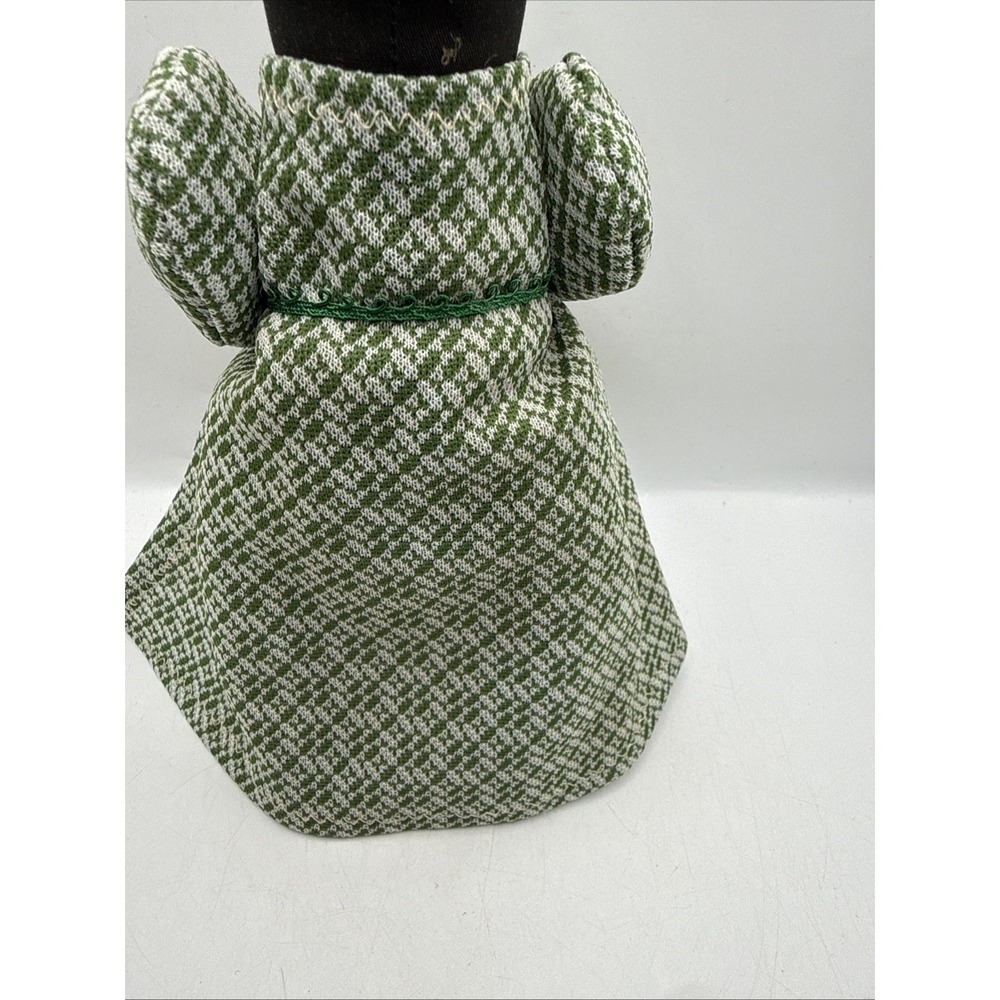 Vintage Handmade Folk Art Black Cloth Doll Green Tweed Coat Dress Cup of Candy - Picture 10 of 12